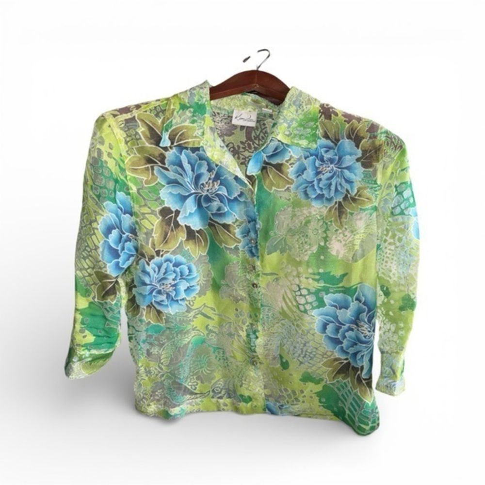 Kim Rogers Sheer Green and Blue Floral Top Button Up Blouse Petite Medium PM